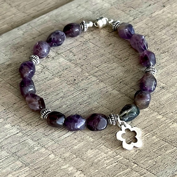 NEW Amethyst Bracelet with Sterling Silver Flower Charm - Picture 1 of 4